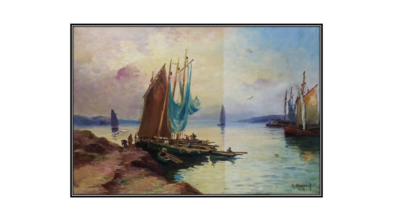 Comparaison avant & après restauration d’un tableau ancien représentant une marine